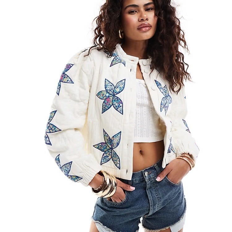 New, Free People Quinn Quilted Patch Insert Denim Jacket In Off White L